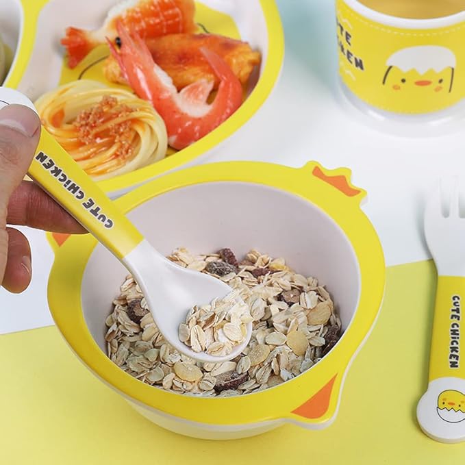 Bamboo Kids Dinnerware Set 5 Pcs Includes Plate Bowl Cup Fork Spoon Perfect for Kids BPA-Free (Chicken)