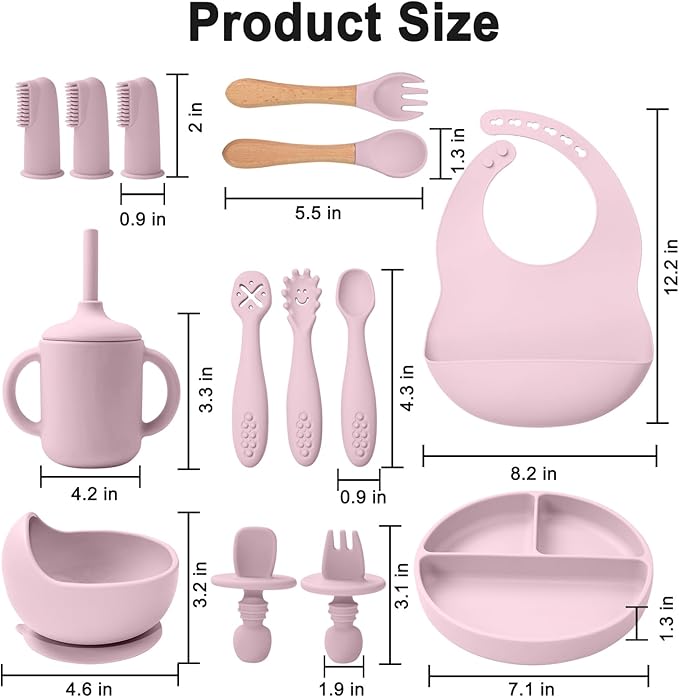 Silicone Baby Feeding Set 14 Pcs,Baby Led Weaning Supplies, Baby Spoons Suction Bowl Divided Plate Bib Cup Finger Brush,First Stage Solid Food Eating Utensils - 6+ Months(Light Pink)