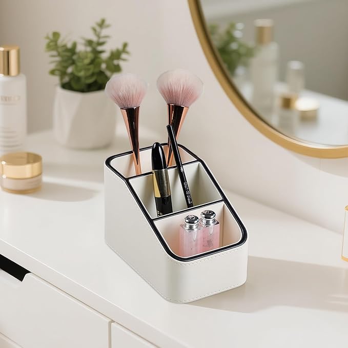 PU Leather Remote Control Holder, Small Desk Organizer Office Supply Bedside Caddy for Nightstand End Table Couch, Pen Remote Organizer with 3 Compartments (Cream)