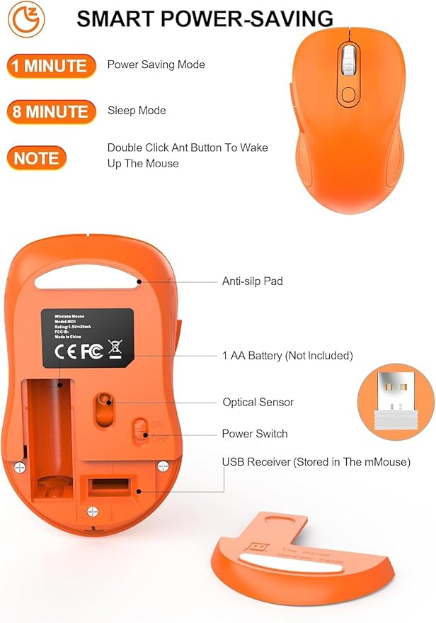 WisFox 2.4G Wireless Mouse for Laptop, Ergonomic Computer Mouse with USB Receiver and Type-C Adapter, 3 Adjustable Levels DPI, 6 Button Cordless Wireless Mice (Tangerine)