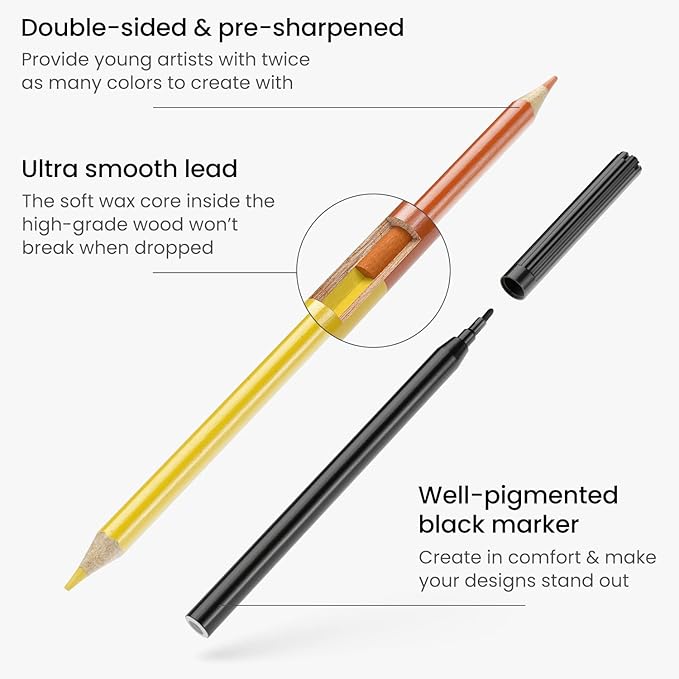 ARTEZA Kids Coloring Book and Colored Pencils Set, Dinosaur Illustrations, 50 Double-Sided Sheets, 100-lb Paper