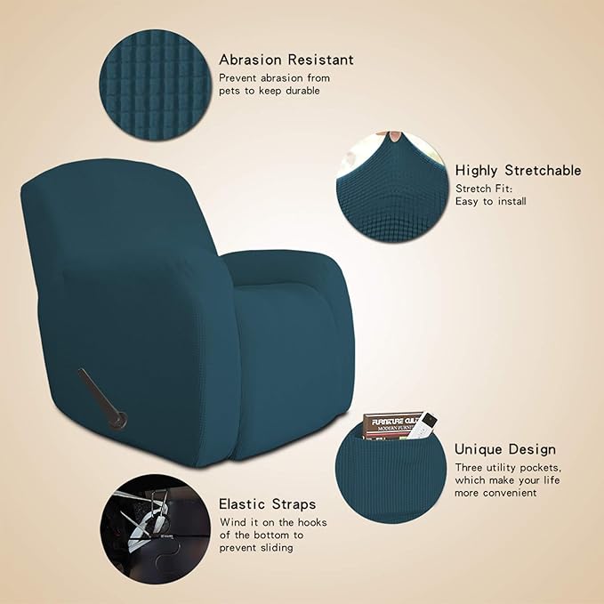 Easy-Going Recliner Stretch Sofa Slipcover Sofa Cover 1 Piece Furniture Protector Couch Soft with Elastic Bottom Kids,Polyester Spandex Jacquard Fabric Small Checks(Oversize Recliner,Deep Teal)