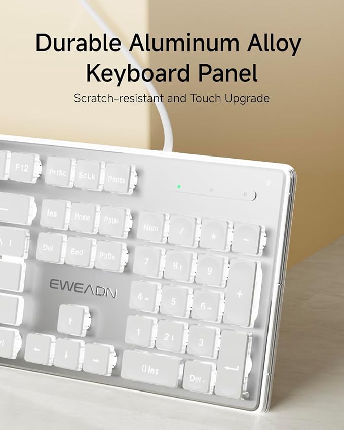 EWEADN GX710S Backlit Computer Keyboards, Wired USB Keyboard with White Backlit, Metal Panel, Plug and Play, Pudding Keycaps Full Size Quite Computer Keyboard for Win/PC/Laptop-White