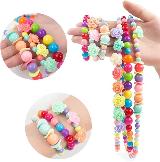 BigOtters Little Girls Necklace Bracelet, 3 Sets Lovely Colorful Beads Toddler Necklaces for Girls, Play Jewelry for Toddlers 2-4