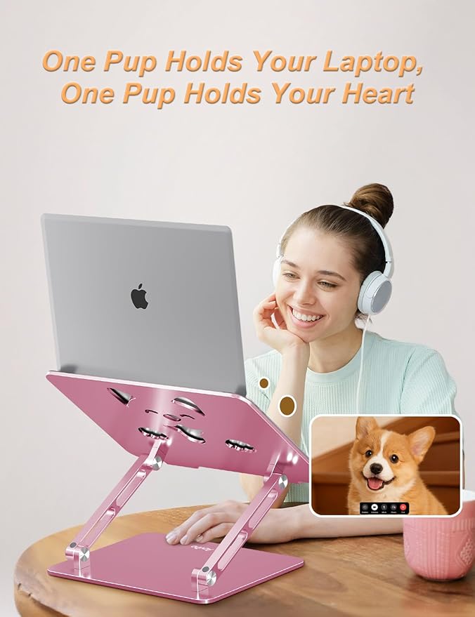 Aluminum Laptop Stand for Desk, Height-Adjustable Riser, Sturdy Ergonomic Holder with Puppy Shaped Vents for Heat Dissipation, Fits 10"-17.3" MacBook Air/Pro, Dell, HP, Lenovo, Rose Gold