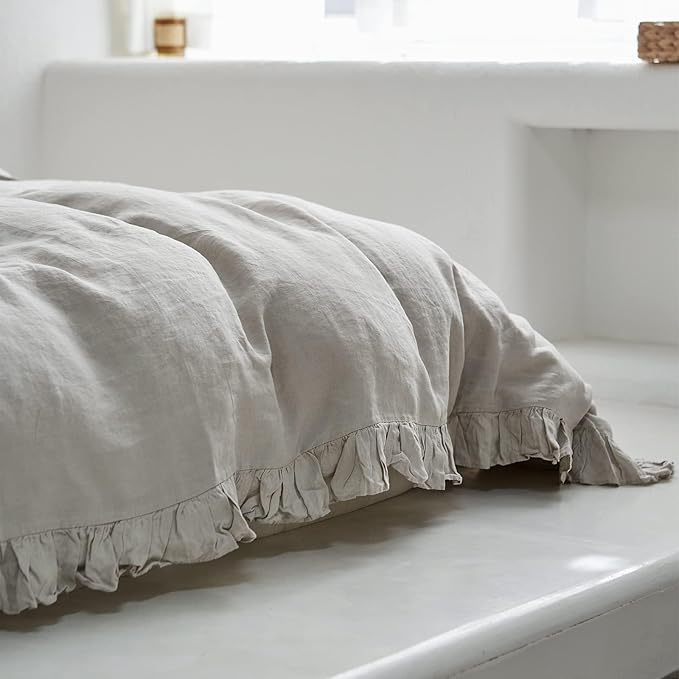 Simple&Opulence 100% Linen Duvet Cover Set, 3 PCS Natural French Flax Light Grey Ruffle Duvet Cover Full Size, Breathable Comfy Linen Bedding Comforter Cover with 2 Pillowcases (Light Grey, 78" X 86")