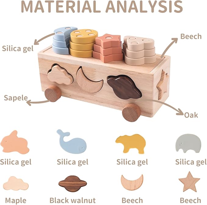 Shape Sorter Toy for Toddlers, Montessori Toy for 1 2 3 Year Wooden Sorting & Stacking Toys, Shape & Color Recognition Preschool Educational Toy Learning Activities for Boys Girls