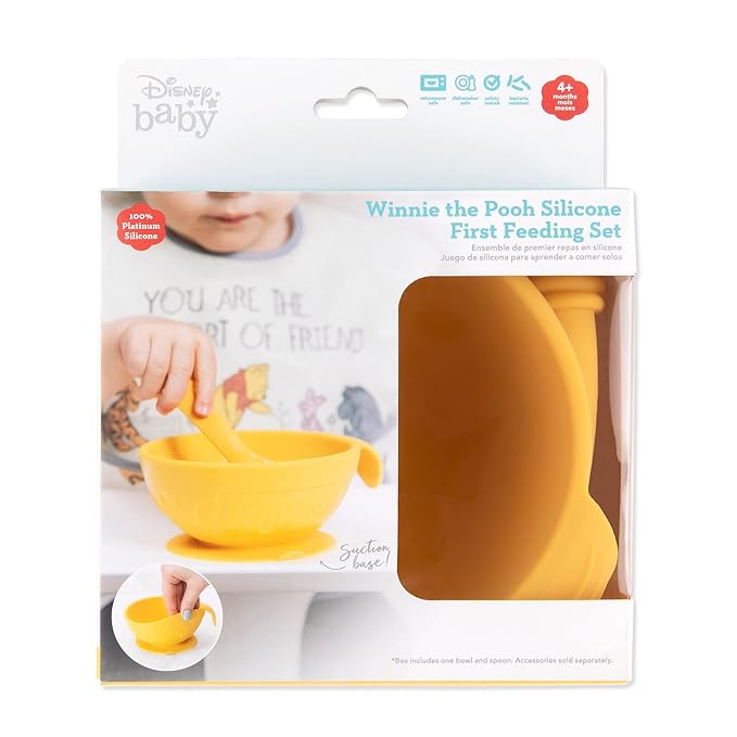 Bumkins Disney Baby Bowl, Silicone Feeding Set with Suction for Baby and Toddler, Includes Spoon and Lid, First Feeding Set, Essentials for Baby Led Weaning for Babies 4 Months Up, Winnie the Pooh