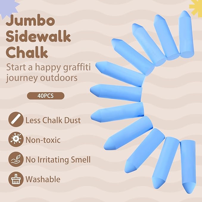 Fulmoon 40 Pcs Jumbo Sidewalk Chalk for Kids Outdoor Art Non Toxic Large Washable Street Chalk for Adults Drawing Painting Graffiti Classroom(Blue,Sharp Style)