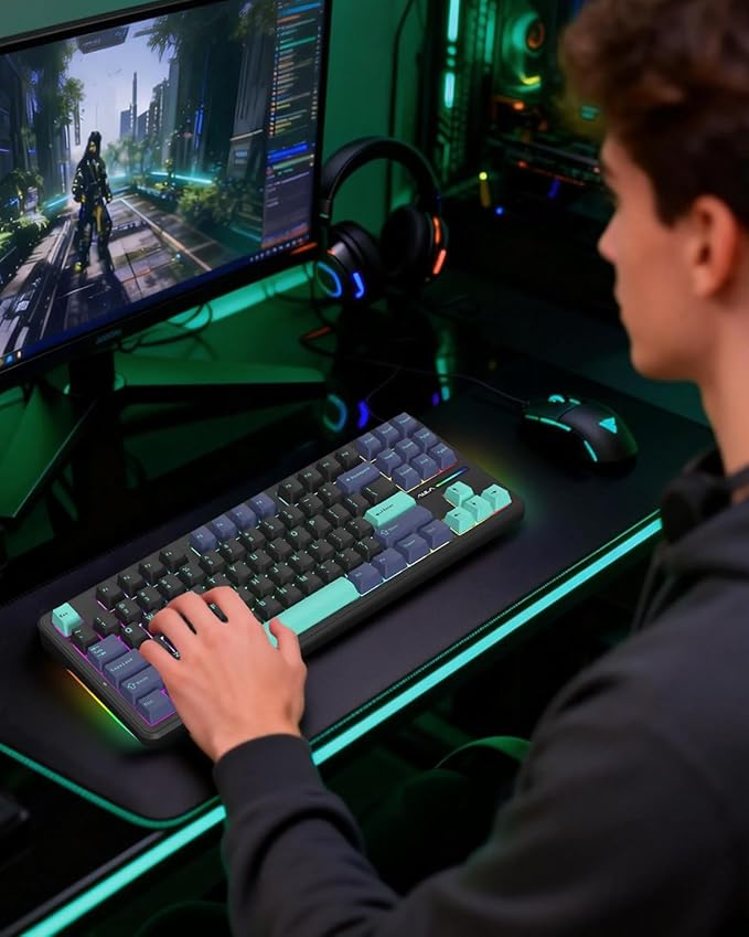 Aula F87 Pro Gaming Keyboard, Tri-Mode BT5.0/2.4GHz/USB-C Hot-Swappable RGB Wireless Mechanical Keyboard, Gasket Mount, 4000mAh, for Windows/Mac Gamer & Typists(LEOBOG Gray Wood Switch V4)