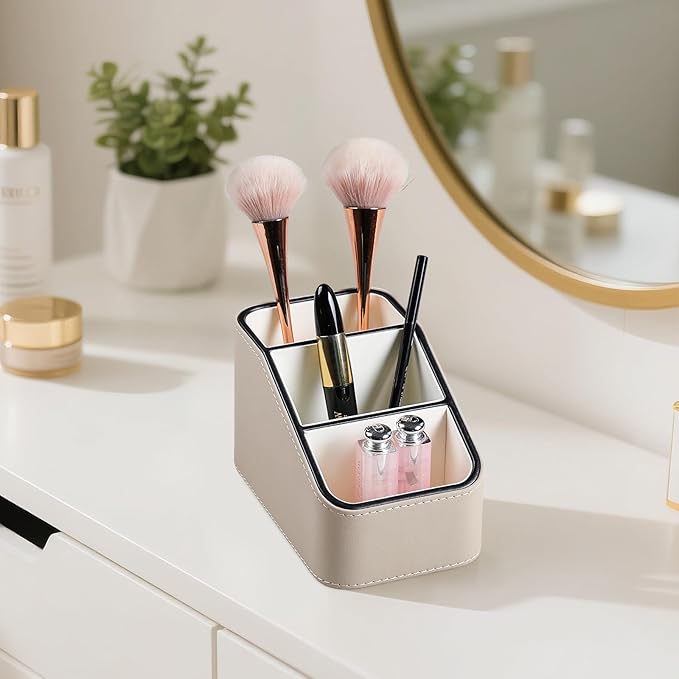 PU Leather Remote Control Holder, Small Desk Organizer Office Supply Bedside Caddy for Nightstand End Table Couch, Pen Remote Organizer with 3 Compartments (Beige)