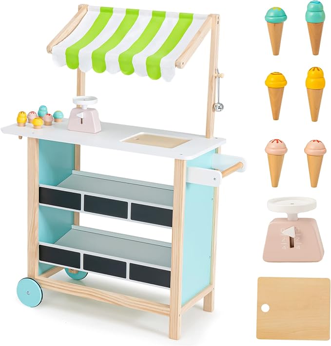 INFANS Wooden Grocery Store Marketplace Toy, Supermarket Pretend Play, Extra Storage 6 Ice Creams Scales Bells Chalkboards, Fun Indoor Farmer's Market Stand Set Gift for Ages 3+
