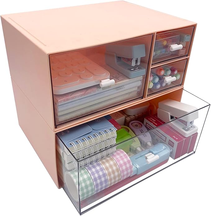 Desk Organizer with 4 Drawers, Makeup Organizer, Plastic Sundries Storage, Vanity Organizer, Cosmetic Storage Organizer, Desk Storage Box, Bathroom Counter or Dresser, Pink (CD-QBH-03)