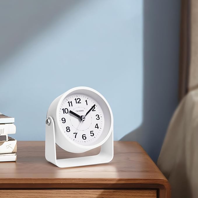 Analog Alarm Clock, Silent Non-Ticking Quartz Movement, Battery-Operated with Snooze & On-Demand Light, Easy to Set Gentle Wake Bedside Desk Clock, Ideal for Home, Travel, Office (White)