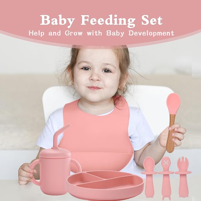 Silicone Baby Feeding Set,13PCS Baby Feeding Essentials with Suction Bowl and Plate,Spoons & Forks,Bib & Cup,Baby Toothbrush,Baby Led Weaning Supplies for 6+ Months,Baby Eating Essentials (Pink)