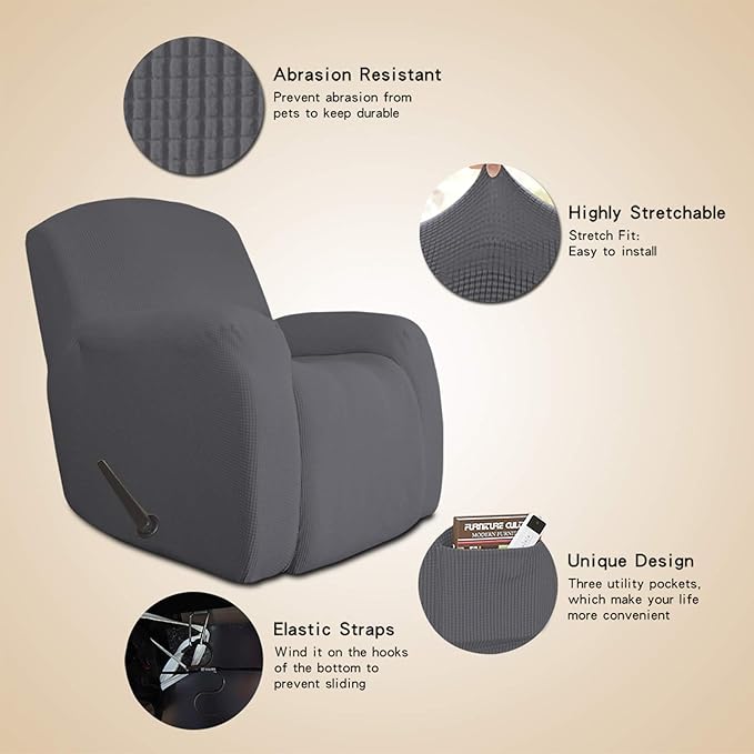 Easy-Going Recliner Stretch Sofa Slipcover Sofa Cover 1 Piece Furniture Protector Couch Soft with Elastic Bottom Kids,Polyester Spandex Jacquard Fabric Small Checks(Oversize Recliner,Gray)