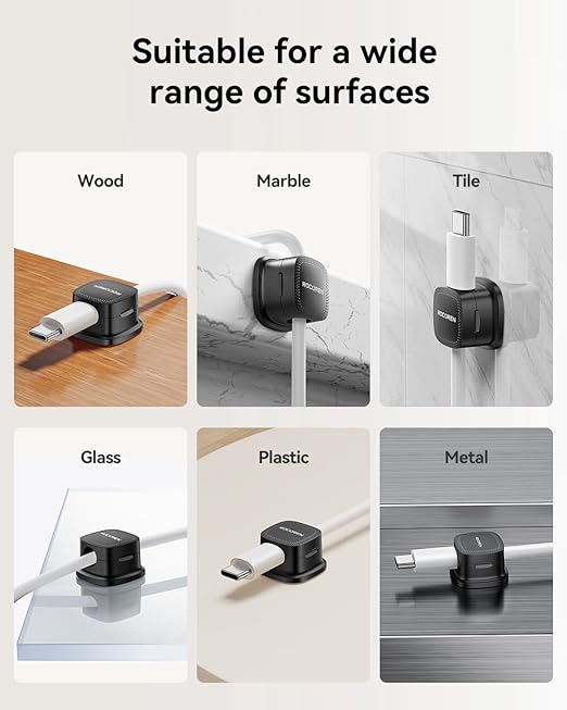 6 Pack Cable Management Cord Organizer,Magnetic Cable Clips-1s Lock,Rocoren Desk Adhesive Cord Cable Clip Wire Holder Keeper for Phone Charger Wire,Nightstand,Car,Office,Desktop Accessory,Black