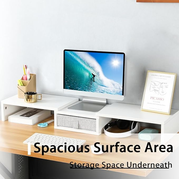 TEAMIX White Dual Monitor Stand Riser with Drawer - Length and Angle Adjustable Double Corner Desk Shelf Organizer 37 inch Long for 2 Laptop/PC/Screen/TV