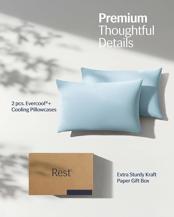 REST® Evercool®+ Cooling Pillowcases Standard - 2 Pillowcases for Sensitive Skin, Silver Infused Fabric for Hygienic Sleep, Silky Smooth for Curly Hair, High Elastic for Snug Fit (19x29 inches)