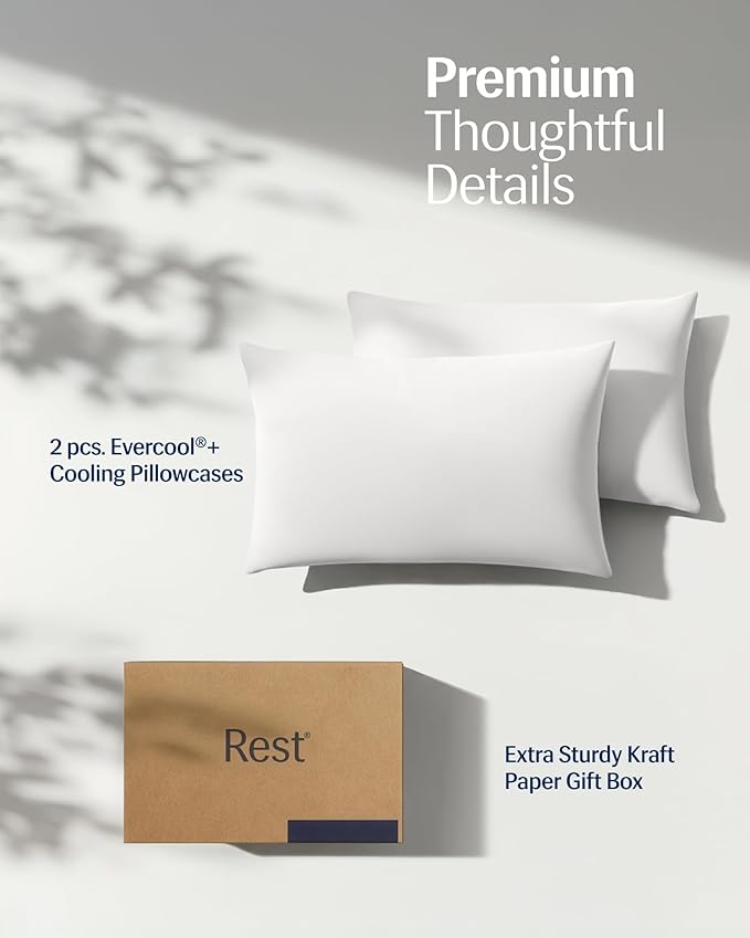 REST® Evercool®+ Cooling Pillowcases Standard - 2 Pillowcases for Sensitive Skin, Silver Infused Fabric for Hygienic Sleep, Silky Smooth for Curly Hair, High Elastic for Snug Fit (19x29 inches)