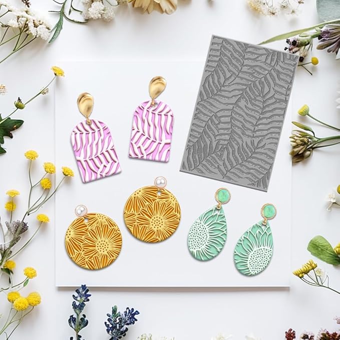 4PCS Polymer Clay Flowers Leaves Texture Sheets Set for Using with Clay Cutters Boho Clay Mat Effect as Clay Texture Roller Polymer Clay Tools Clay Earrings Texture Mats for Polymer Clay