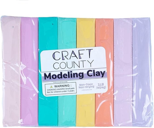 Craft County Modeling Clay – 1 lb (Eight Assorted Color Bars) – Use for Claymation, Models, and Stop Motion (Pastels)