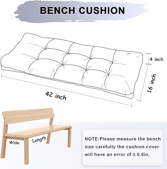 Bench Cushion 42 Inch - Chenille Fabric, High-Density Foam, Non-Slip Bottom, Soft Durable Indoor Tufted Long Seat Cushion for Window Garden Furniture (Light Gray, 42x16x4 Inch)