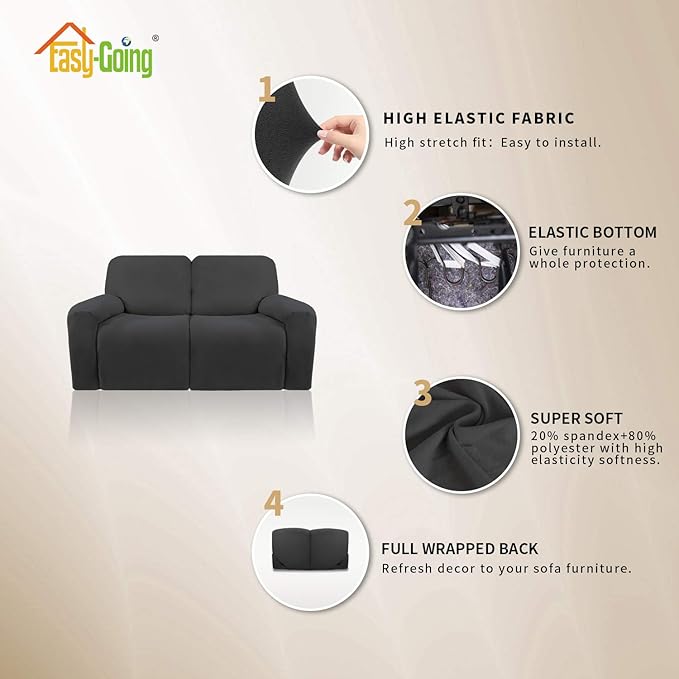 Easy-Going 6 Pieces Microfiber Stretch Sectional Recliner Sofa Slipcover Soft Fitted Fleece 2 Seats Couch Cover Washable Furniture Protector with Elasticity for Kids(Recliner Loveseat, Dark Gray)