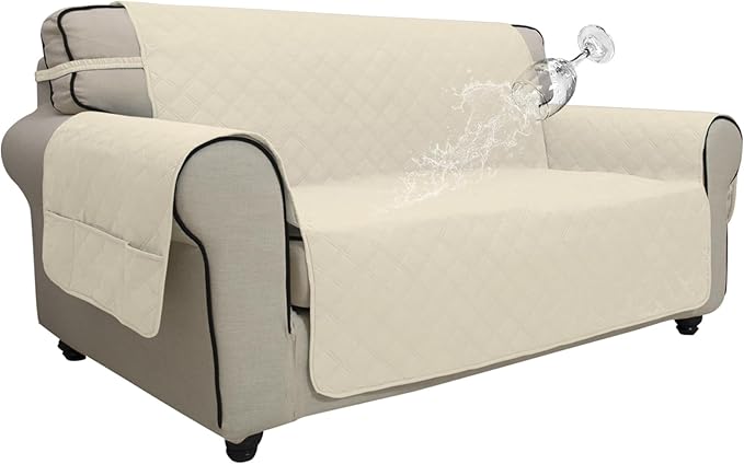 Easy-Going Waterproof Oversized Loveseat Covers Leakproof Couch Cover for 2 Cushion Couch Sofa Cover Washable Sofa Slipcover Non-Slip Furniture Protector with Pocket for Pets (Medium-XL, Ivory)