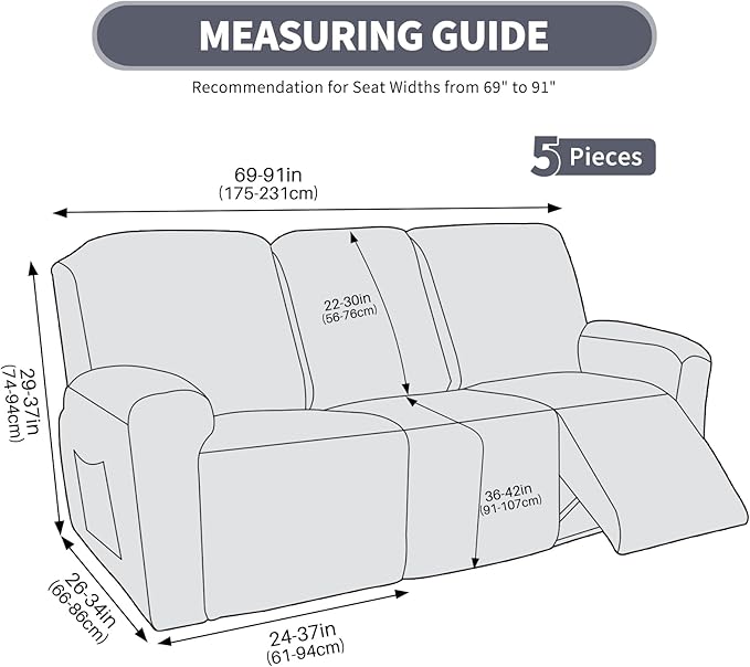 JIVINER Recliner Couch Cover, Jacquard 5 Piece Stretch Sofa Covers for 3 Cushion Reclining Lazy Boy Soft Washable Sofa Slipcovers Protector with Pockets (Recliner Sofa, Wine Red)
