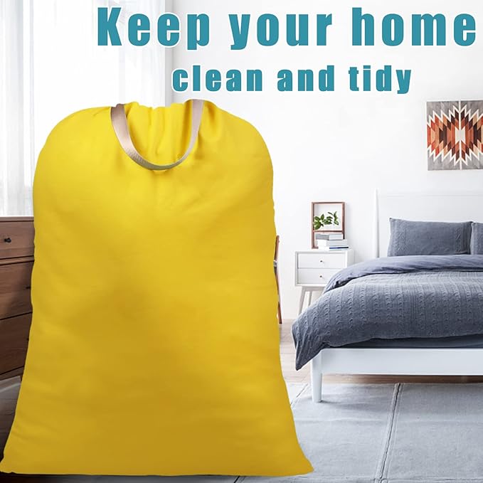 LOLOMLO Extra Large Canvas Laundry Bags with Handles & Drawstring Closure, Heavy Duty Tears Resistant Clothes Storage Travel Bags,25.5"x34",Yellow