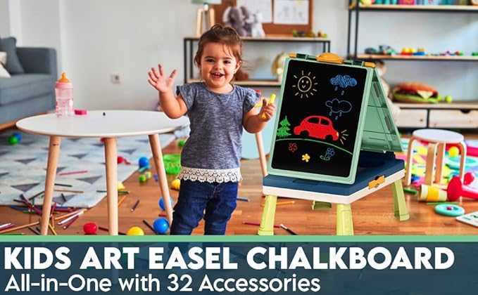 Kids MeeA Art Easel Whiteboard Chalkboard All-in-One with 32 Accessories, Markers, Color Chalk, Games Pieces, case and Stand.(3 Years and Older)