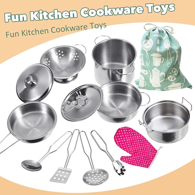 Cookware Pots and Pans Play Set with Cooking Mini Stainless-Steel Kitchen Cooking Utensils Toys,Pretend Toys for Kids, Educational&Development Toy Kitchen Playset Accessories for Kids Ages 3+