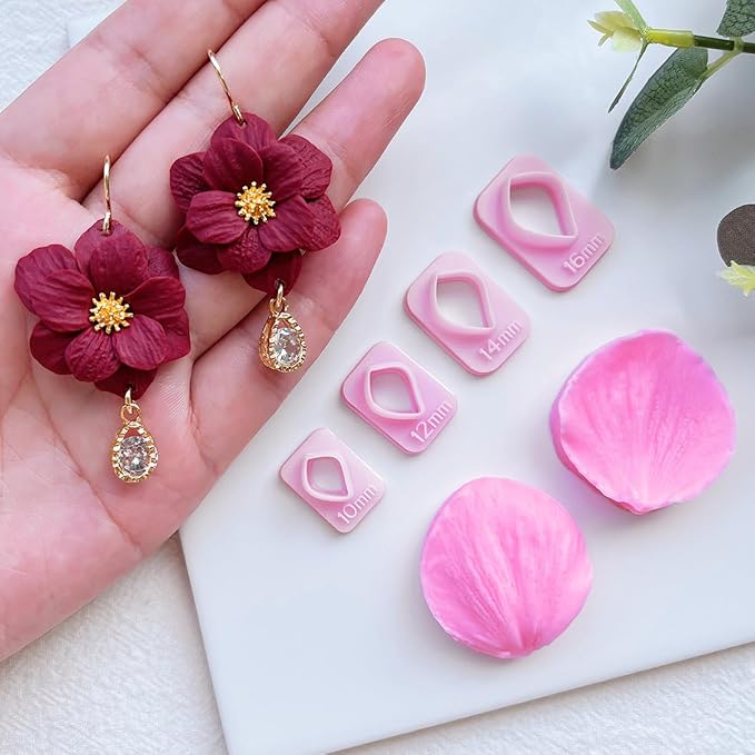 Keoker Flower Petal Clay Cutters - Polymer Clay Cutters for Earrings Making, 4 Shapes with Polymer Clay Petal Press Mold, Clay Cutters for Polymer Clay Jewelry (A)