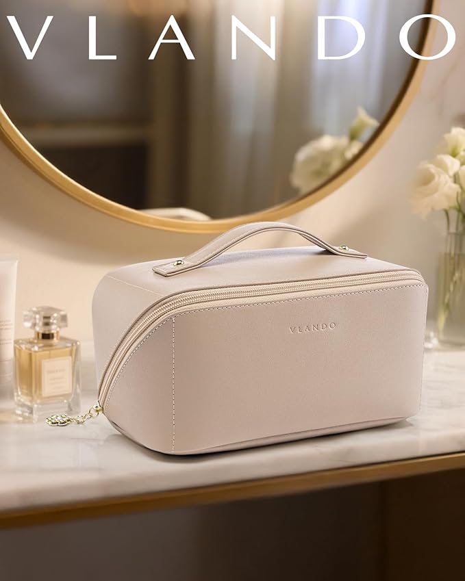 Vlando Makeup Bag,Large Capacity Travel Toiletry Bag,Cosmetic Bags for Women PU Leather Waterproof Portable Pouch with Divider & Handle-Toffee