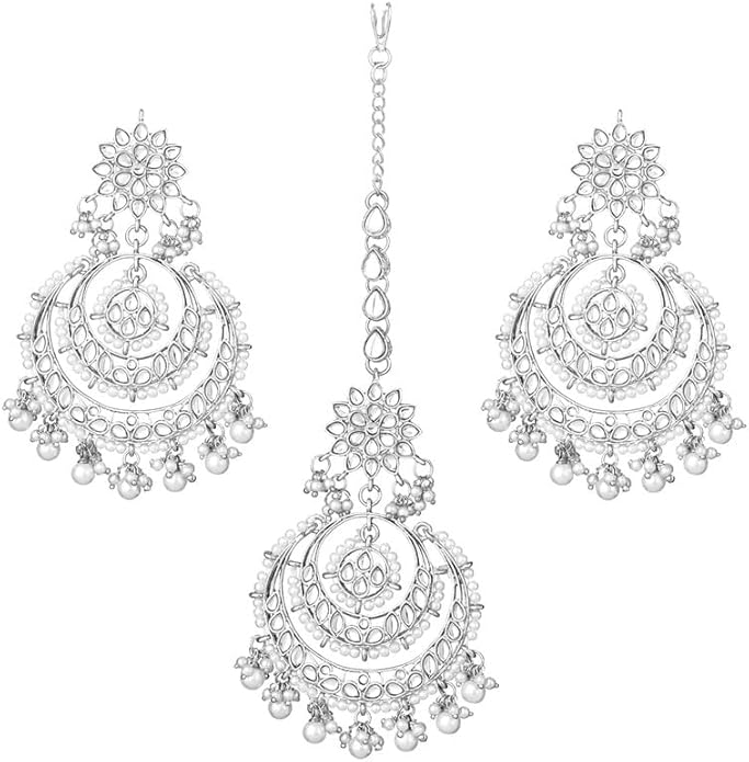 Aheli Bollywood Ethnic Chandbali Style Big Earrings Maang Tikka Set Traditional Fashion Jewelry Gift for Women