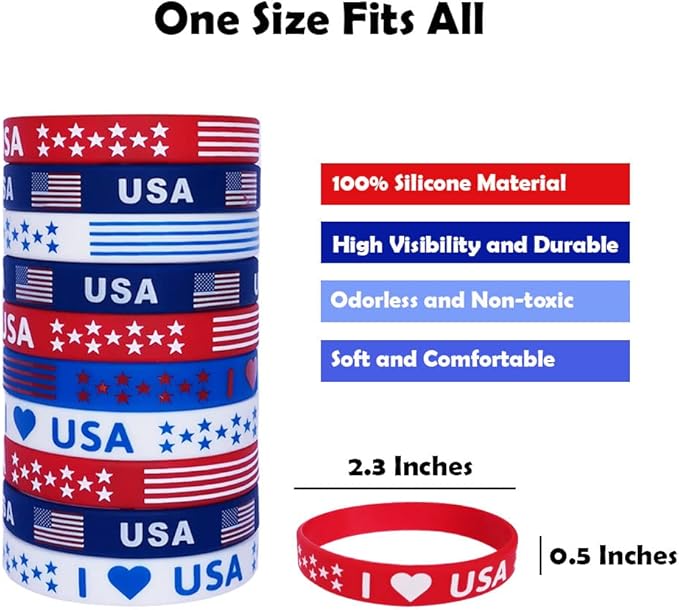 American Flag Silicone Bracelet 40Pcs, Presidential Inauguration Patriotic Party Fourth 4th of July Party Accessories Wristband USA Veterans Day Red White and Blue Decoration Memorial Day Favors