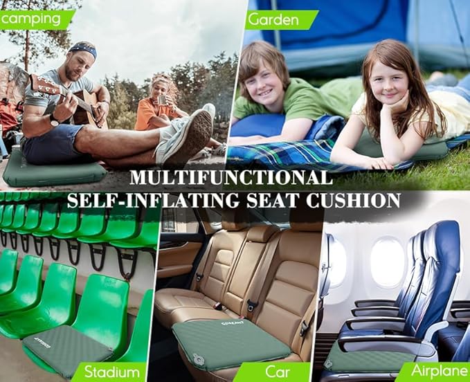 GDREAMT Inflatable Seat Cushion, Self-Inflating Memory Foam Stadium Seats Cushion Lightweight & Compact Chair Sitting Pad Airplane Cushion for Long Flight Travel Outdoor Camping Car Bleachers Office