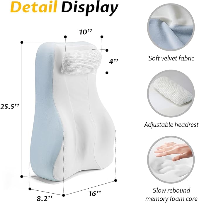 Ergonomic S Curve Reading Pillow for Sitting in Bed Adult- Back Pillow for Bed Sitting up with Adjustable Headrest- Memory Foam White, Blue