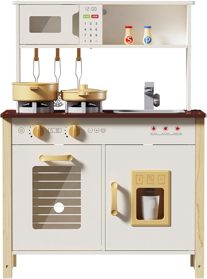 Babytronic Kids Play Kitchen, Wooden Kitchen Playset for Kids Ages 3+ with Real Lights, Sounds, Stove, Sink, Oven, and 30 Pcs Accessories, Toys Kitchen Small Pretend Play Kitchen for Toddlers (White)