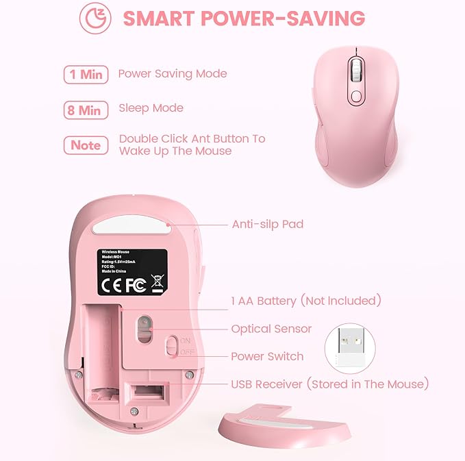 WisFox 2.4G Wireless Mouse for Laptop, Ergonomic Computer Mouse with USB Receiver and Type-C Adapter, 3 Adjustable Levels DPI, 6 Button Cordless Wireless Mice (Blush Pink)