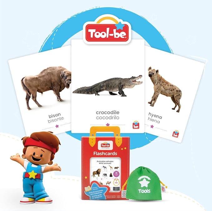 Tool-be Animal Cards. 18 Real Photos of Wild Animals. Spanish-English Flash Cards for Babies 6-12 Months, Montessori Toys for 1+ Year Old, Baby Flash Cards 12 to 18 Months, up to 6Y
