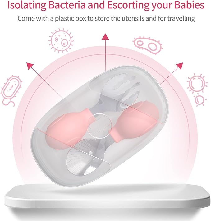 Deejoy Toddler Utensils, Toddler Spoons and Forks, Stainless Steel Spoon Toddler Silverware Set, Kids Silverware Self Feeding Flatware Set with Travel Safe Case for Kids (Pink)