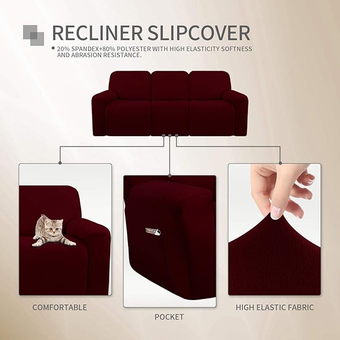 Easy-Going 8 Pieces Microfiber Stretch Sectional Recliner Sofa Slipcover Soft Fitted Fleece 3 Seats Couch Cover Washable Furniture Protector with Elasticity for Kids Pet(Recliner Sofa, Wine)