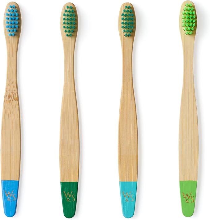 Wild & Stone | Organic Children's Bamboo Toothbrush | 4 Pack | Soft Fibre Bristles | 100% Biodegradable Handle | BPA Free | Vegan Eco Friendly Kids Toothbrushes (Aqua)