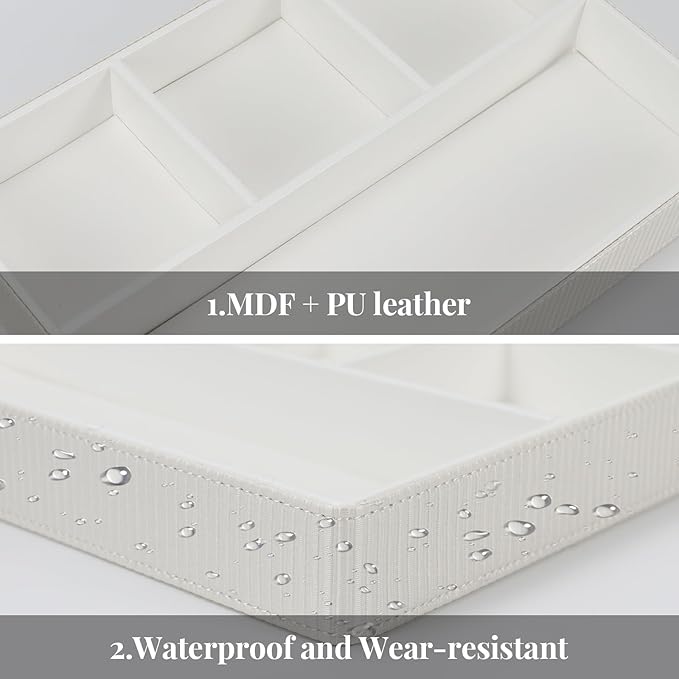 Buqoo PU Valet Storage Tray, Office Supplies Organizer, Stackable Desktop Organizer and Accessories Drawer Organizer for Storing Office Supplies, Jewelry, Cosmetics, White