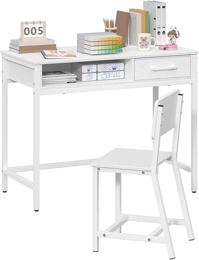 Kids Desk and Chair Set, Student Writing Desk, Kids Study Desk with Book Sorter and Fabric Drawer, Kids Wooden Study Table, for Study, Kids Room, Bedroom, White KDBW11901N1