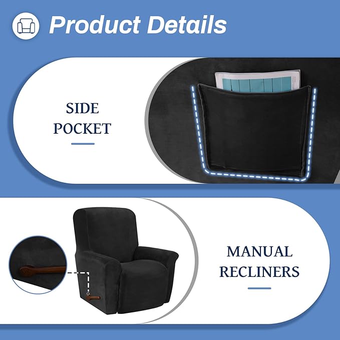 WEERRW Velvet High Stretch Recliner Chair Cover 1 Piece Recliner Couch Cover, Washable Furniture Protector with Non Slip Elastic Bottom for Kids and Pets, Black