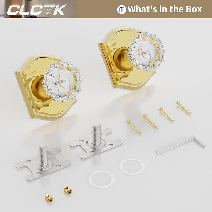 CLCTK Crystal Glass Dummy Door Knob, Closet Bifold Gold Dummy Door Handles Non-Turning Single Side, Polished Brass, 2 Pack