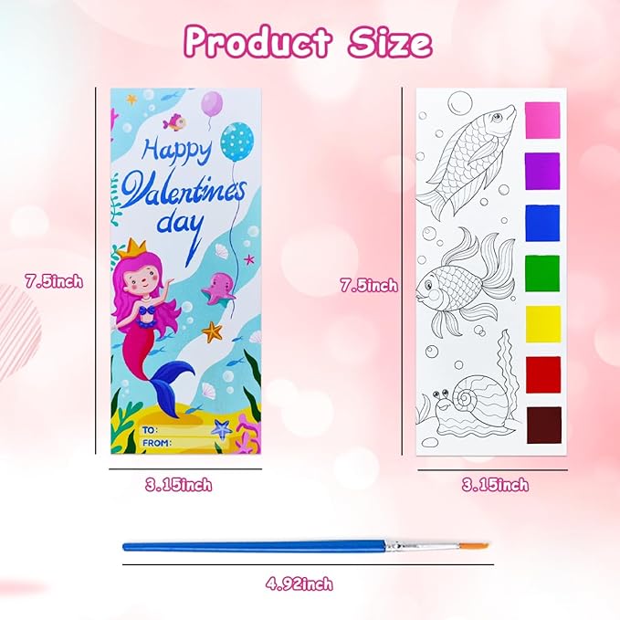JUNQIU 24 Pack Valentines Day Cards For Kids School, Watercolor Coloring Book Set, Valentines Day Gifts For Kids Classroom Exchange, Paint Party Favors Valentines Crafts